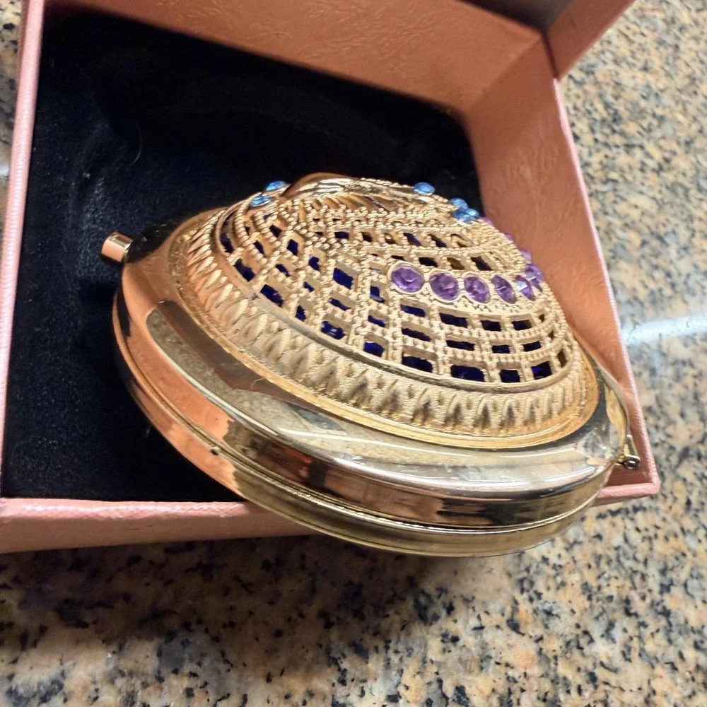 Peacock Rhinestone 3D Jeweled Gold Compact Mirror Dual Sided Round Purse Travel